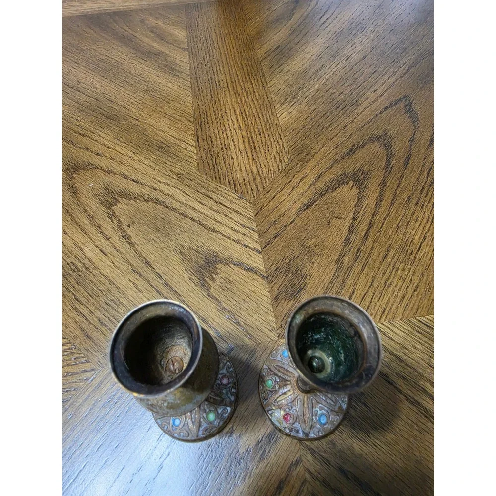 Vintage Brass Candlestick Holders Set of 2 Ornate Enamel Detail Weathered Patina